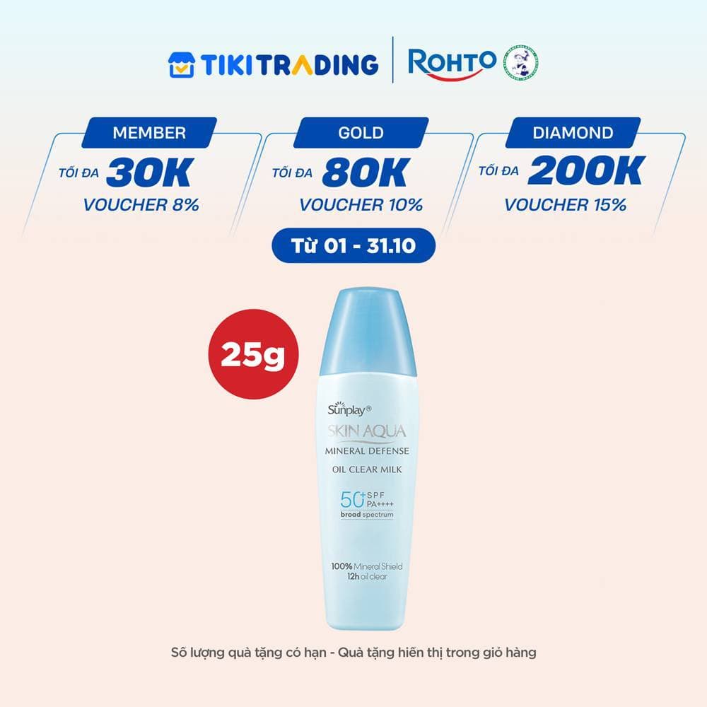 Kem chống nắng vật lý Skin Aqua kiềm dầu dạng sữa dùng hàng ngày Sunplay Skin Aqua Mineral Defense Oil Clear Milk SPF50PA 25g