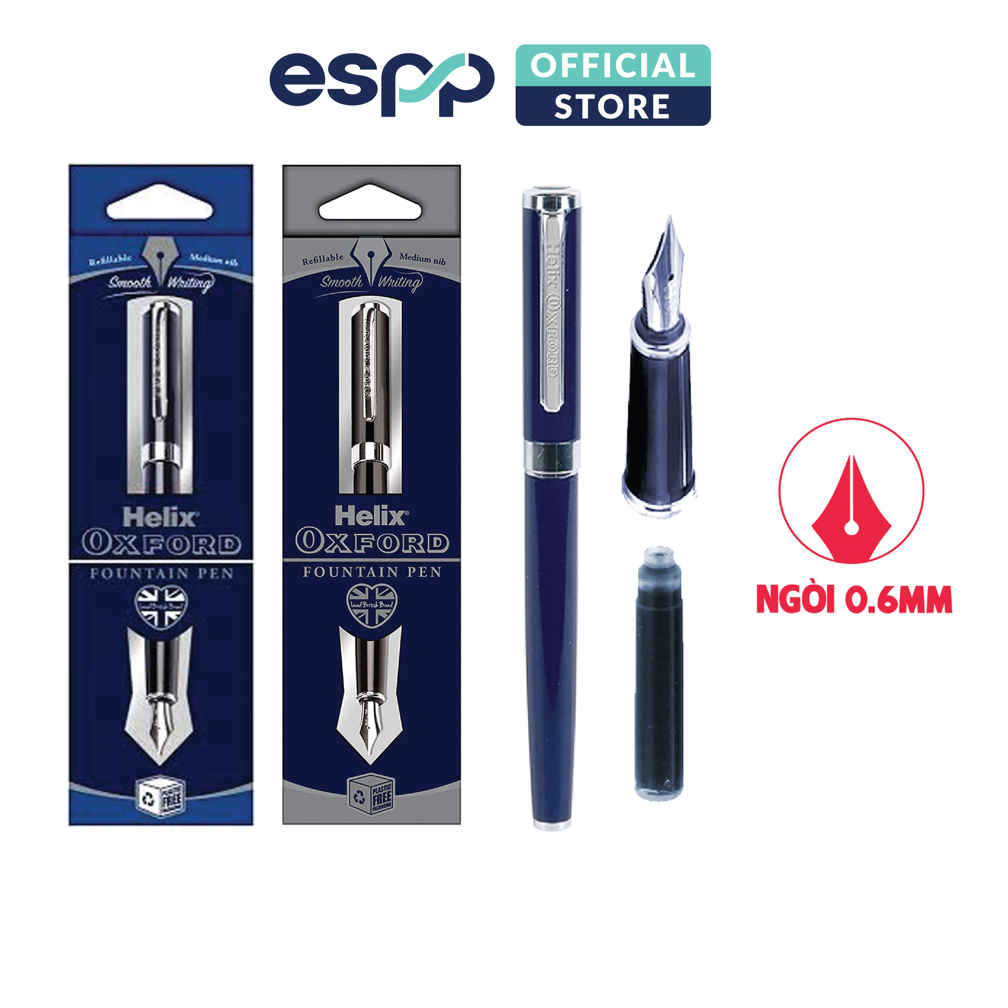 Bút viết máy cao cấp mực đều đẹp màu Xanh đen Hồng Ánh Cam Bạc HELIX Xanh đen Xanh dương