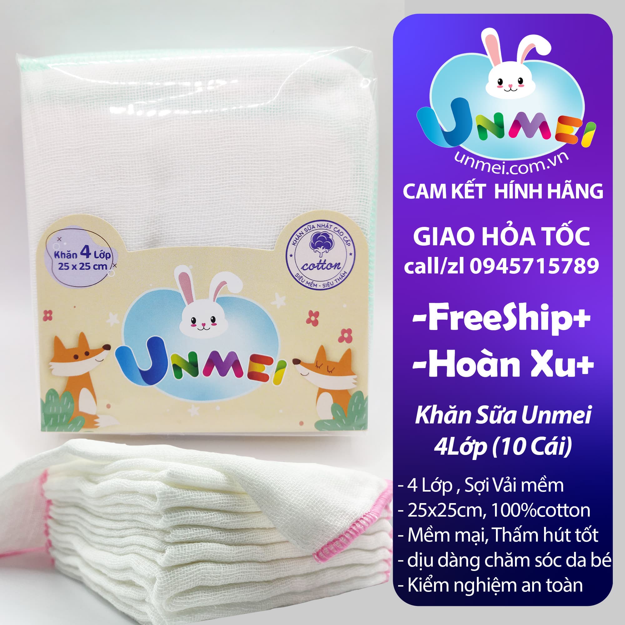 Khăn Sữa 4 Lớp Unmei Xuất Nhật Bịch 10 cái 25x25cm 100 Cotton mềm mại thấm hút tốt 4 Lớp 25x25cm