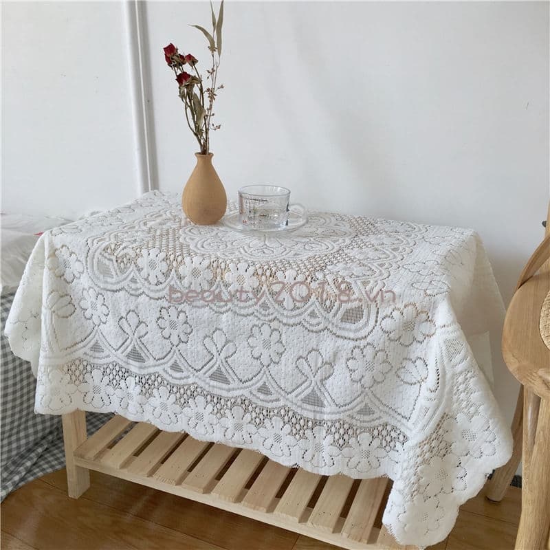 Khăn trải bàn vải ren hoa thêu sang trọng theo phong cách vintage tấm vải phủ lò vi sóng tivi tap đầu giường trang trí nhà cửa KB 6012 90x90cm