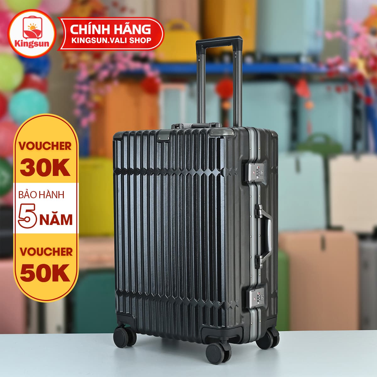 Vali khung nhôm khóa sập size 2024 bịt 4 góc kim loại KS 051 Đen 20inch