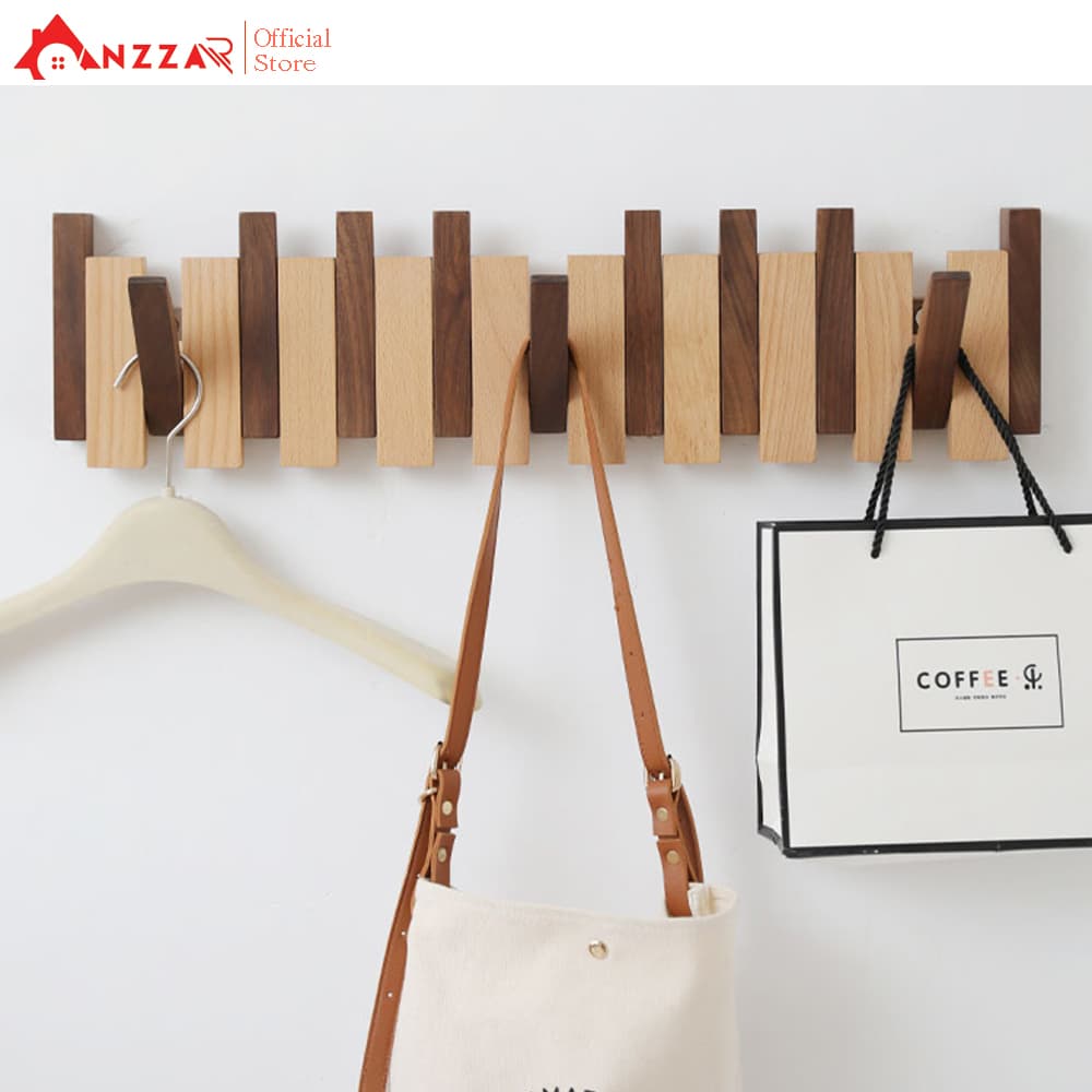 Móc gỗ treo tường Anzzar móc treo quần áo phụ kiện giá gỗ treo quần áo MT04 9 Móc 58cmx15cm Màu gỗ thôngRustic