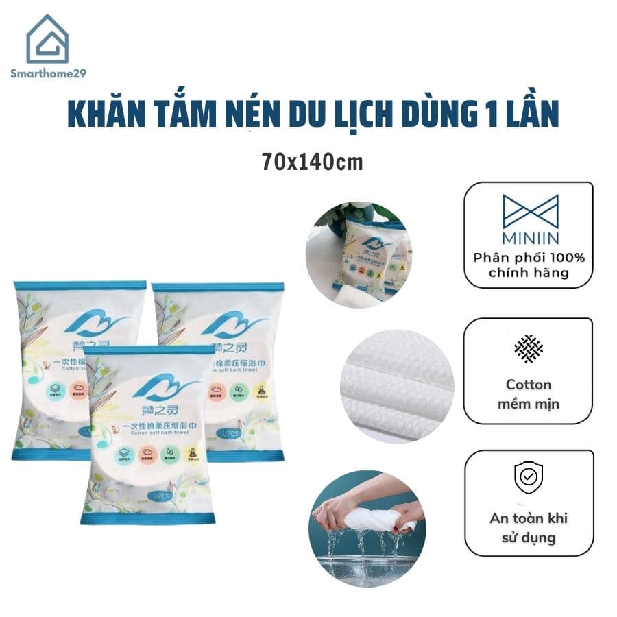 Khăn tắm nén du lịch 70x140cm bằng cotton thấm hút tốt dùng một lần tiện lợi MINIIN Combo 3 khăn