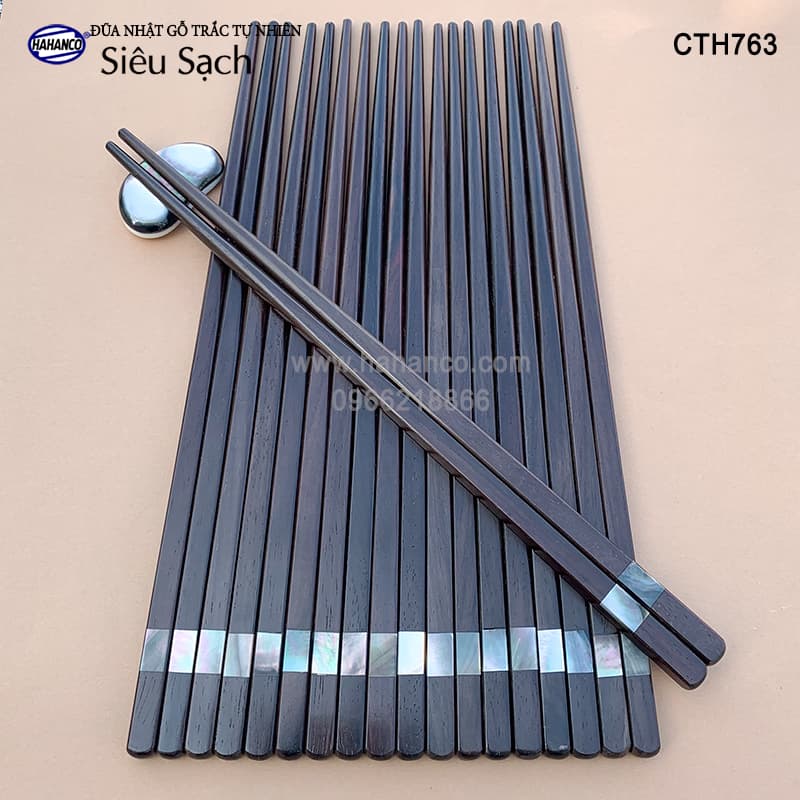 Đũa Nhật gỗ trắc đầu khảm xà cừ ốc biển 10 đôi đũa xuất Nhật gỗ tự nhiên siêu sạch an toàn cho sức khỏe CTH763 Chopstick of HAHANCO