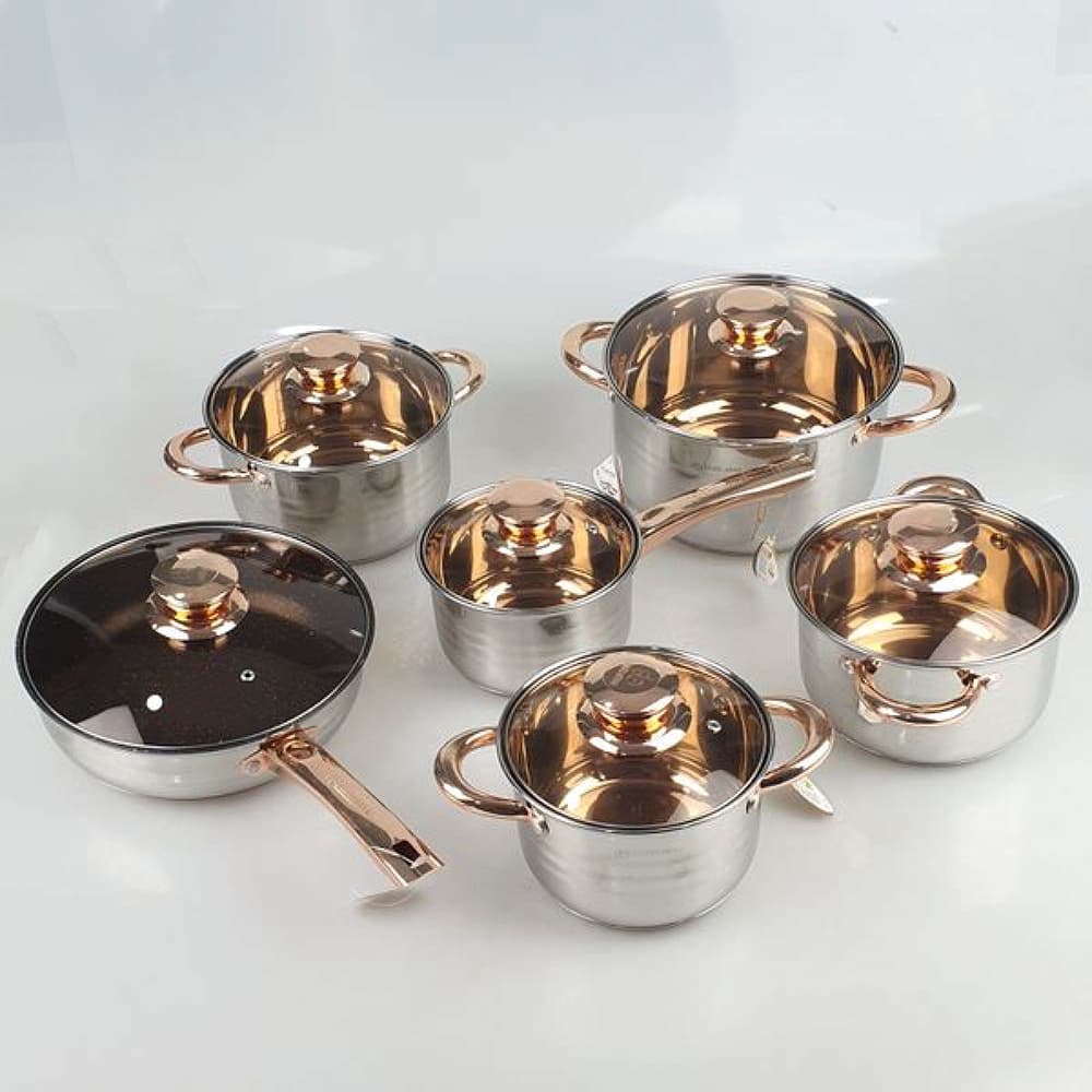 Bộ Nồi 6 Món 12 Chi Tiết ABG Bộ Nồi Đáy Từ Bộ Nồi Đa Năng Thiết Kế Inox Cao Cấp Nắp Kính Vàng Bắt Mắt Sang Trọng Đun Nấu Nhanh Tiết Kiệm Điện Năng Dùng Cho Mọi Loại Bếp