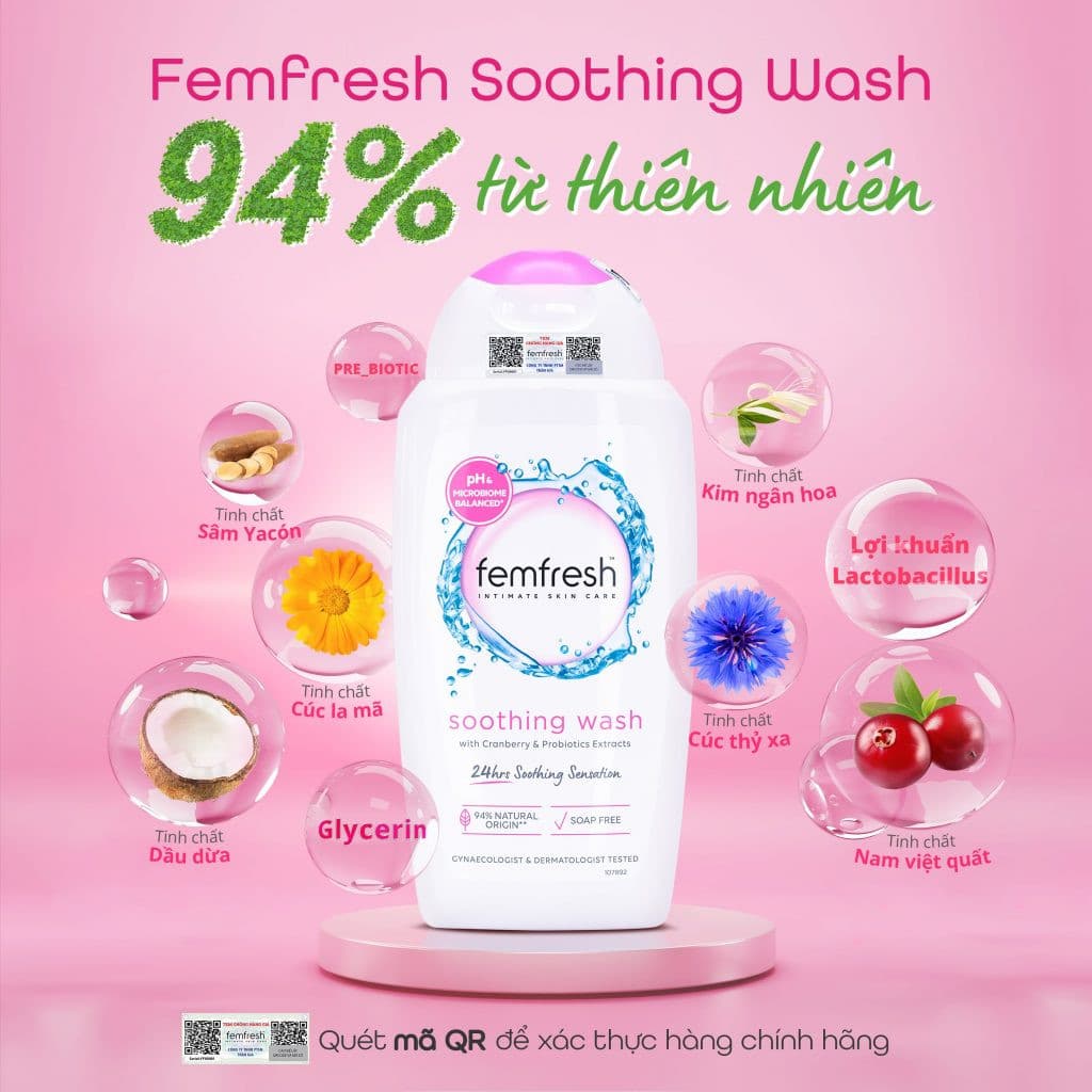 Dung dịch vệ sinh Anh Femfresh soothing wash giúp làm sạch sẽ thơm mát ngăn ngừa viêm ngứa nấm phụ khoa QuaTangMe Extaste Soothing wash 250mlchai