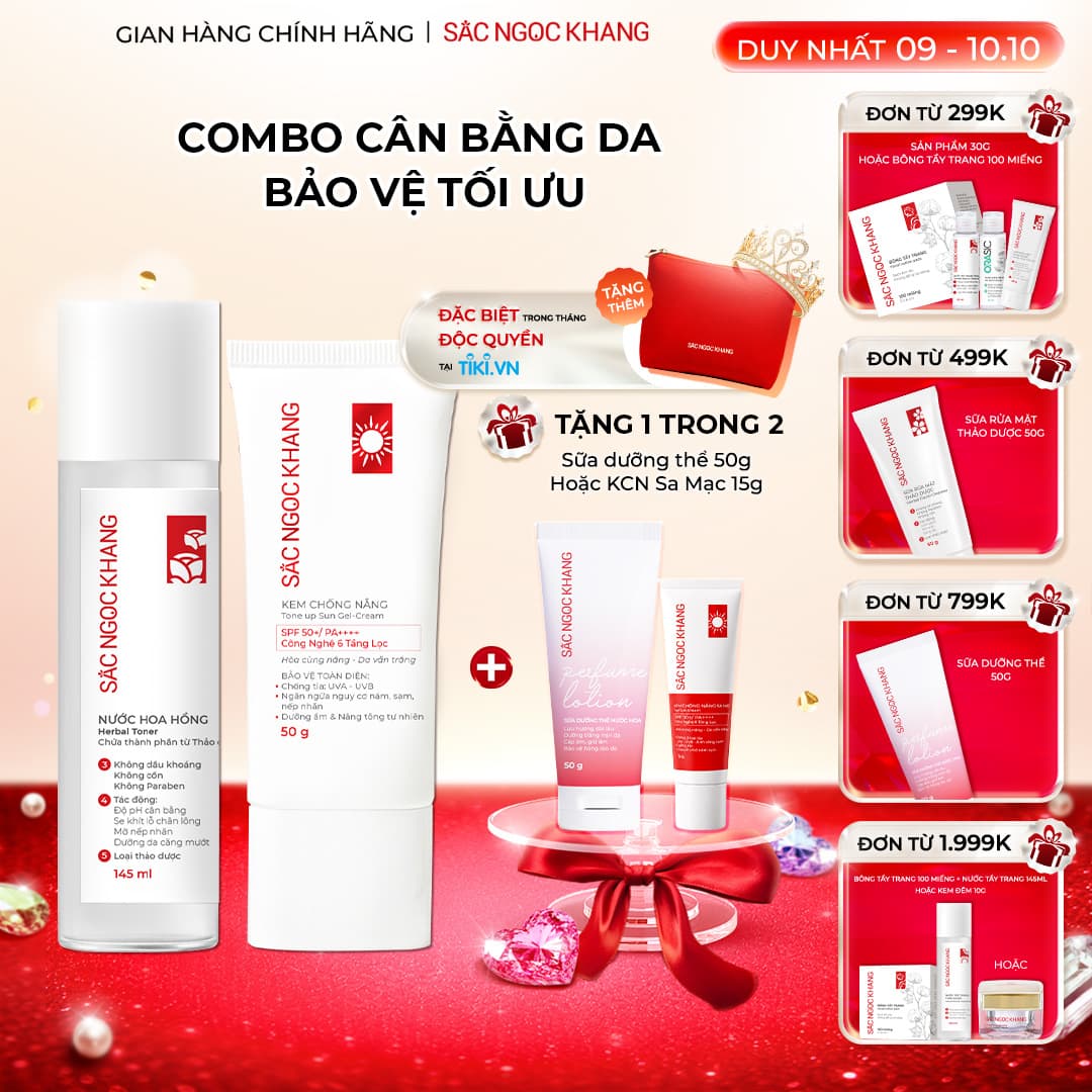 Bộ đôi dưỡng ẩm và bảo vệ da trước ánh nắng Sắc Ngọc Khang Nước hoa hồng 145ml Kem chống nắng 50g