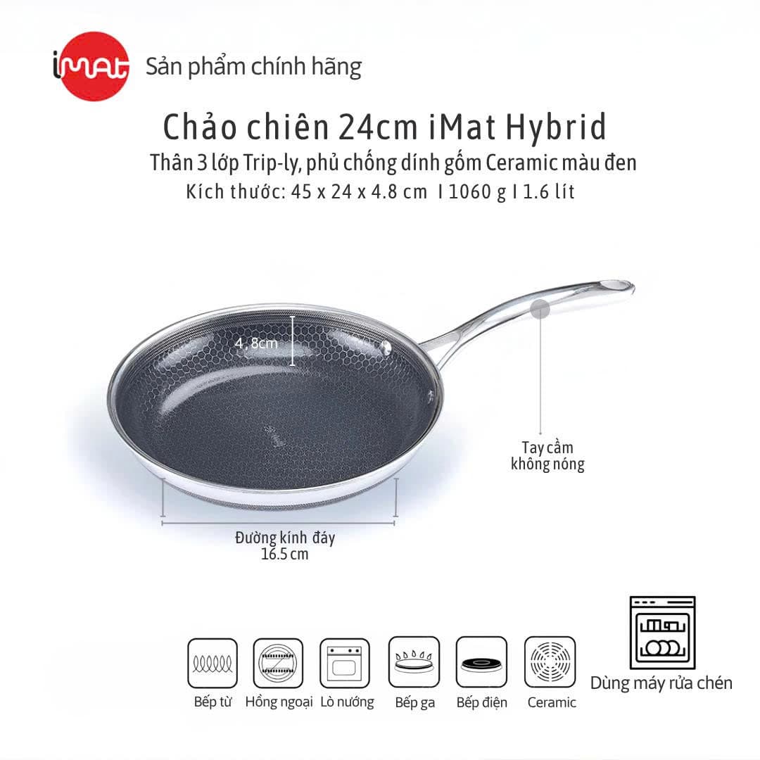 Chảo chiên inox iMat Hybrid Blackcube 24cm Phủ chống dính Ceramic đen