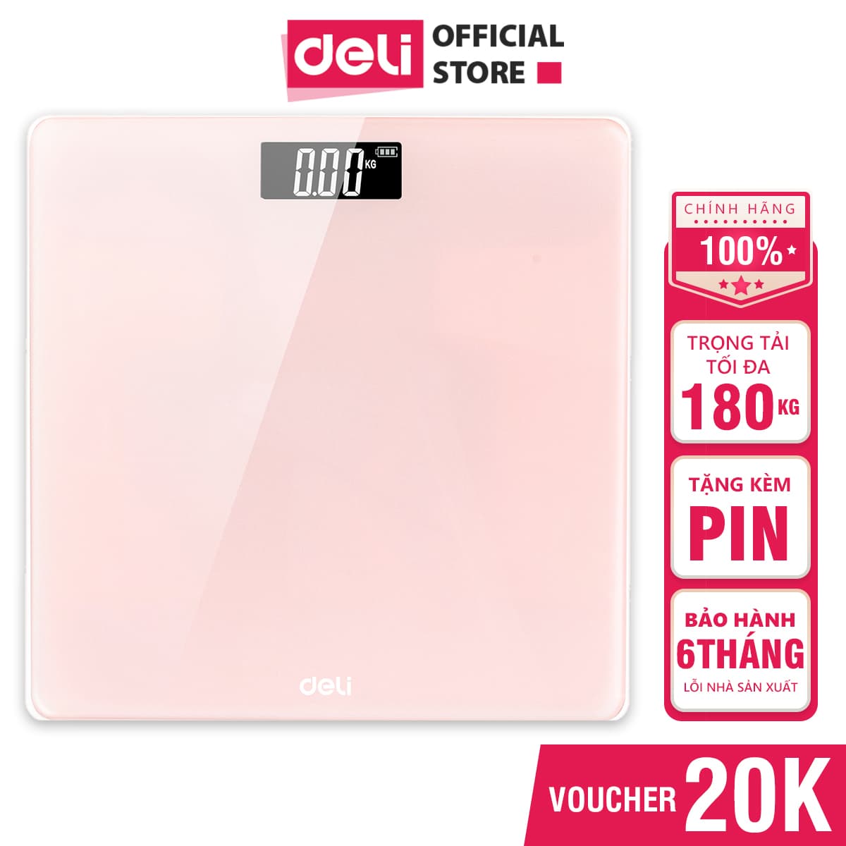 Cân Điện Tử Sức Khoẻ Thông Minh Mặt Vuông Kính Cường Lực Chịu Lực 180Kg Deli Phù Hợp Gia Đình Trường Học Nhiều Màu Sắc E86120 Hồng
