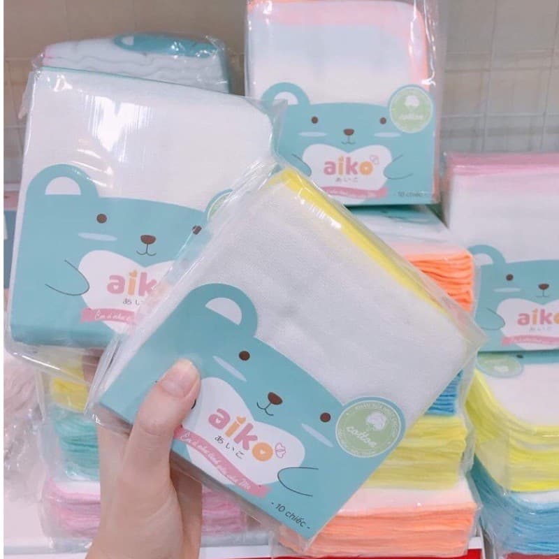 Bịch 10 Khăn sữa Cotton viền màu 4 lớp an toàn cho trẻ sơ sinh Aiko Hàng Việt Nam xuất Nhật Kích thước 27cm x 25cm