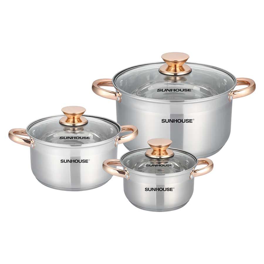 Bộ Nồi 5 Đáy Cao Cấp Núm Vàng Sunhouse SH781 Quay Mạ Vàng Cao Cấp 16cm 20cm 24cm Dùng Cho Mọi Loại Bếp