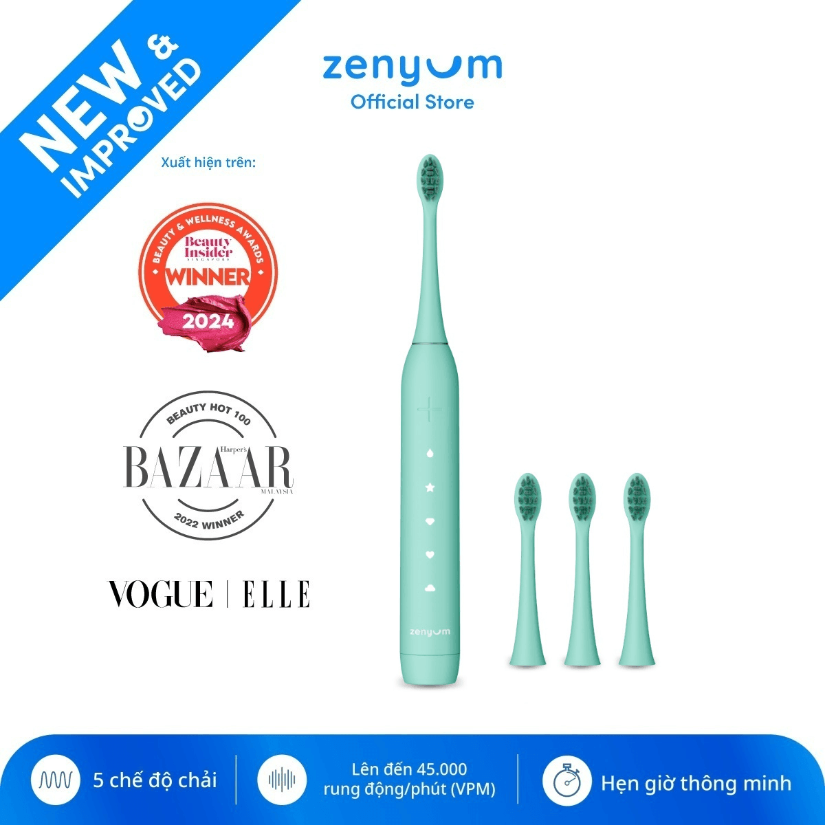 Bộ Bàn Chải Đánh Răng Điện ZenyumSonic 2.0 &3 Đầu Thay Thế Xanh Mint Công Nghệ Singapore