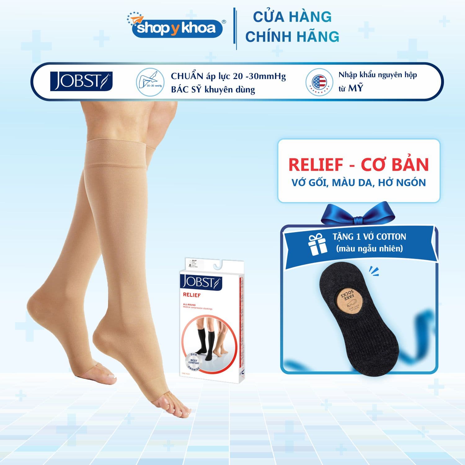 Vớ y khoa gối Hỗ Trợ Điều Trị suy giãn tĩnh mạch chân JOBST Relief chuẩn áp lực 20 30mmHg màu da hở ngón tất y khoa