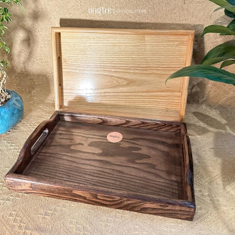 Khay gỗ đa năng nguyên khối cao cấp có tay cầm dày 4cm dùng để bưng bê decor ONGTRE Khay đen 36x24