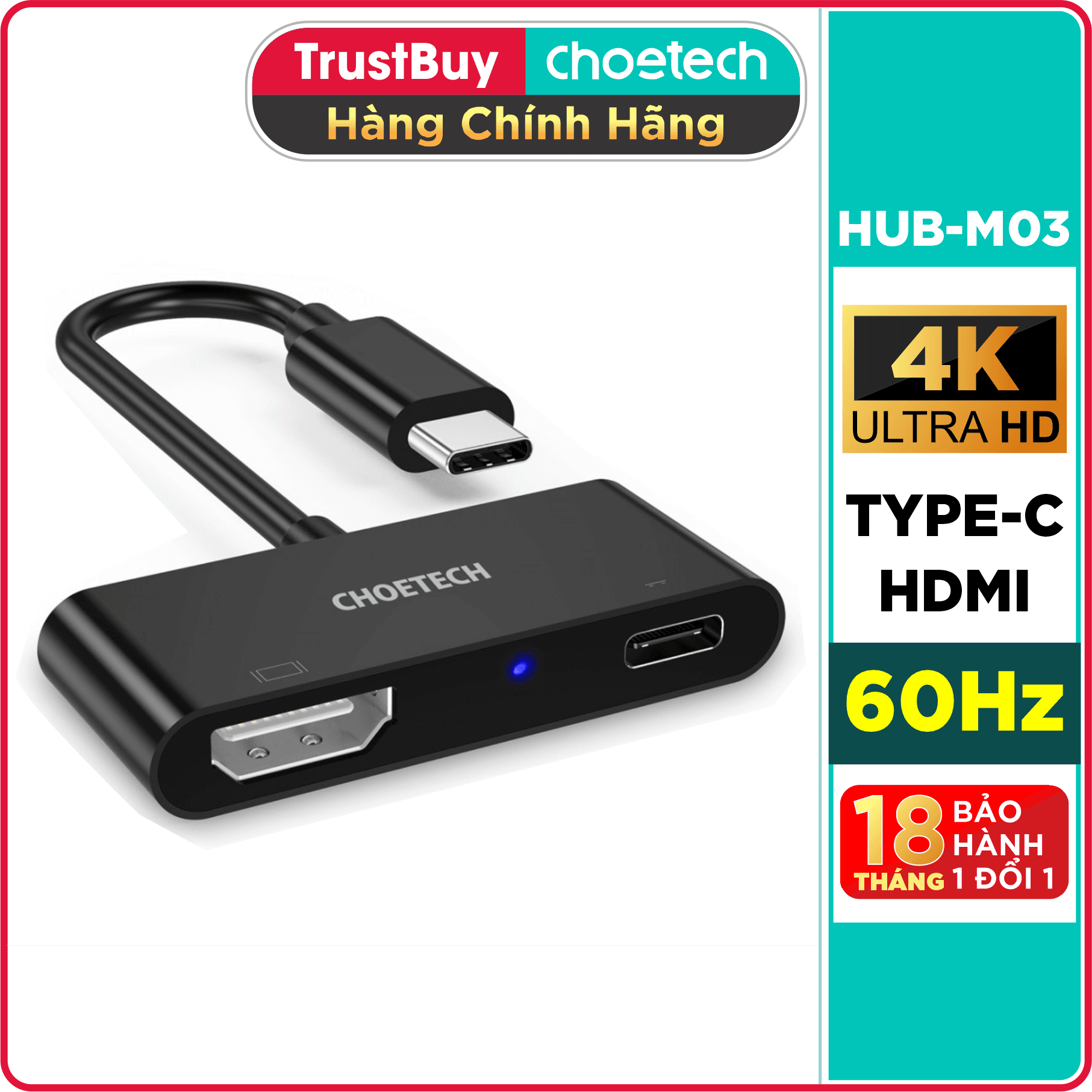 Hub Type C To HDMI 4K 60Hz Và 1 Cổng Type C PD 60W CHOETECH HUB M03