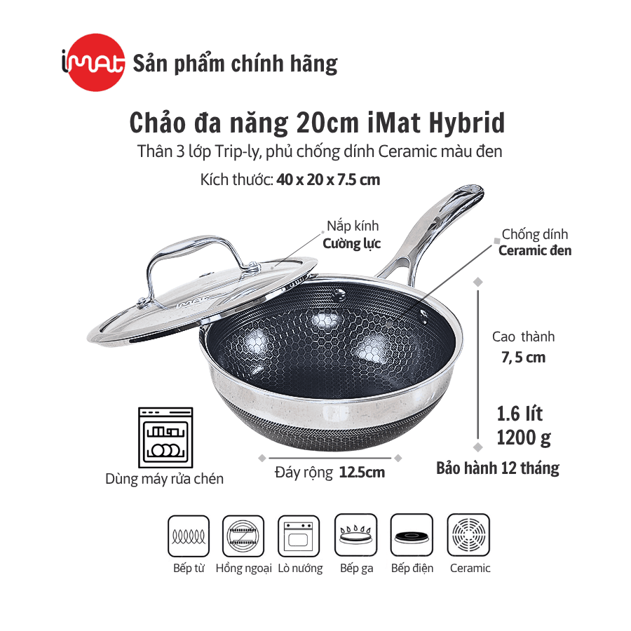 Chảo xào đa năng sâu lòng inox iMat Hybrid Blackcube 20cm Phủ chống dính Ceramic đen
