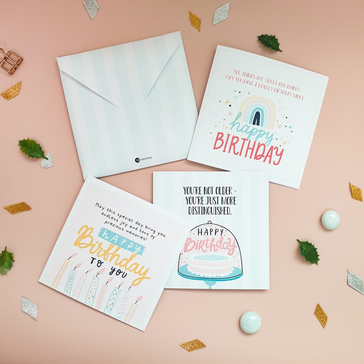 Thiệp chúc mừng sinh nhật 12x12 SDstationery SN3 PASTEL BLUE họa tiết cầu vòng màu xanh pastel trẻ trung tươi tắn Set 3 thiệp