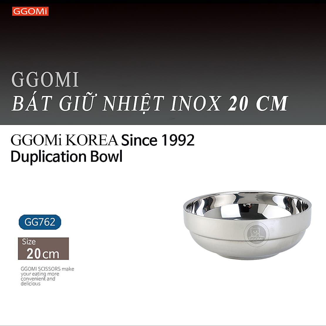 Bát inox giữ nhiệt bằng thép không gỉ hút chân không giữ thành và lòng bát của GGOMi Hàn Quốc 20cm
