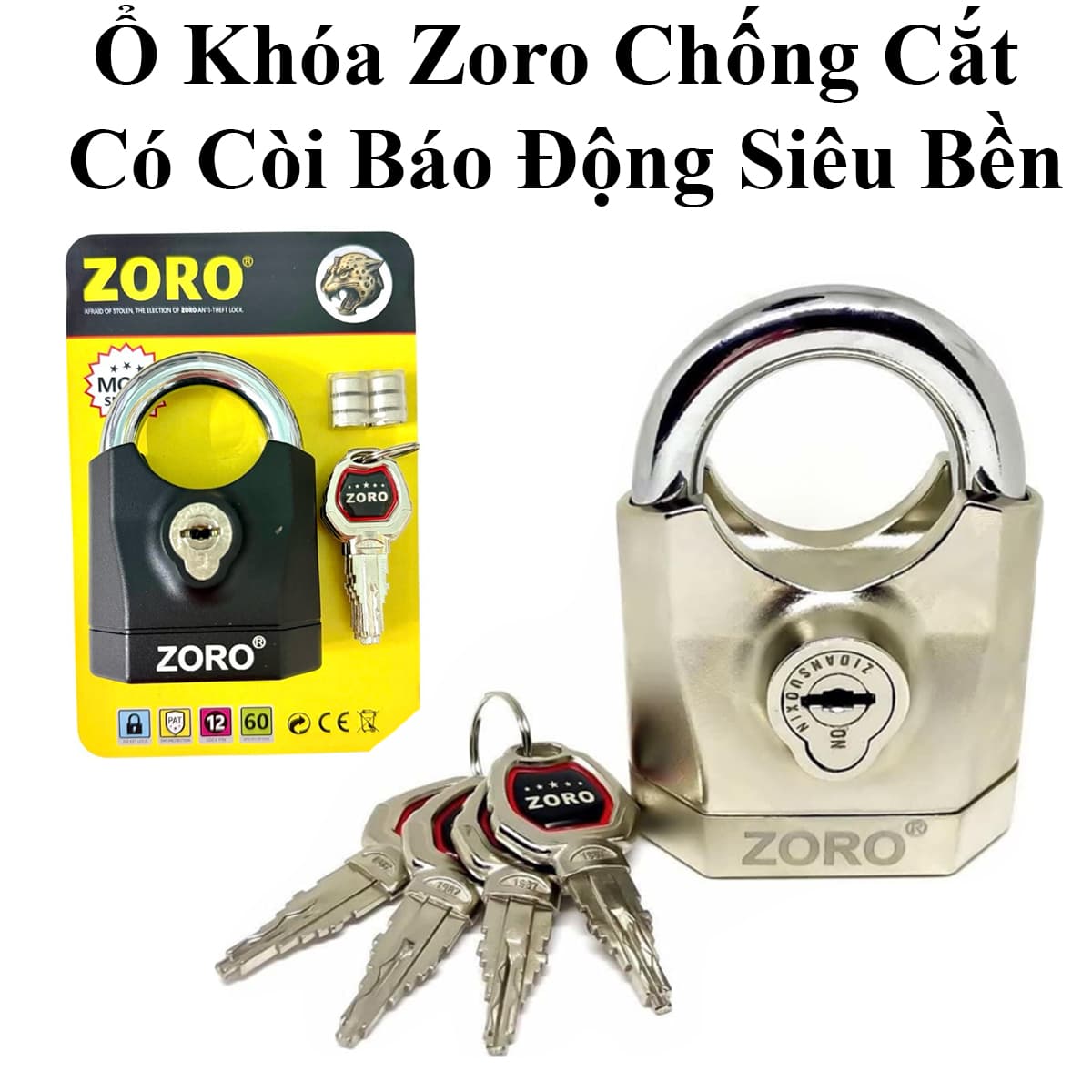 Ổ Khóa Zoro Chống Cắt Có Còi Báo Động Tặng Kèm Pin