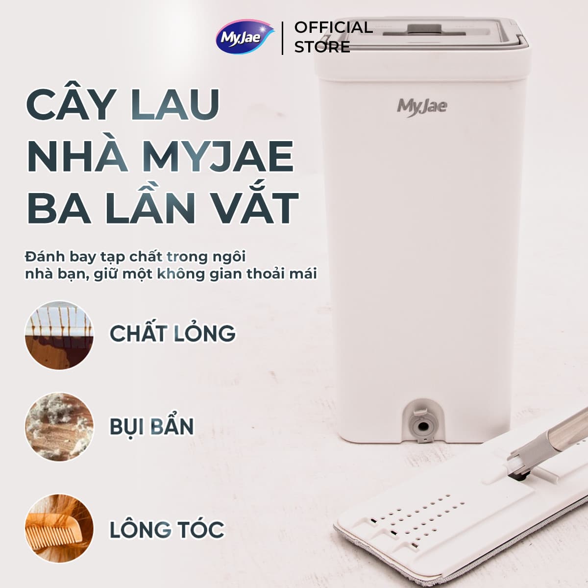 Combo 3 Bông Lau 1 Bộ Lau Nhà MyJae Đài Loan Sợi Microfiber 2 Ngăn Tự Vắt Xoay 360 Độ Thông Minh 123cm