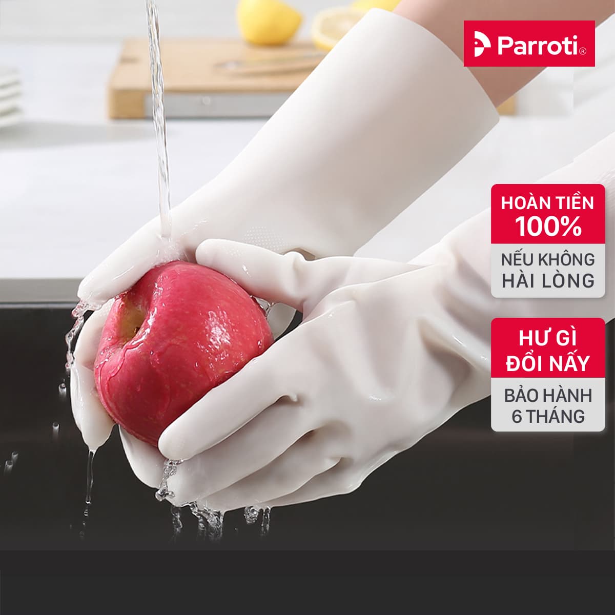 Găng tay cao su siêu dai rửa bát bao tay cao su rửa chén vệ sinh nhà cửa an toàn không mùi hôi Parroti Active AT01 Size M 38cm