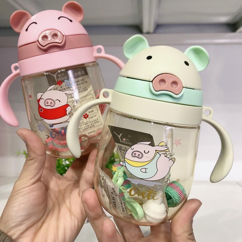 Bình Nước Có Ống Hút Cho Bé Tập Uống Có Van Chống Sặc Hình Mũi Lợn Cao Cấp 250 350ml Bằng Nhựa PP Chịu Nhiệt Tốt Có Tay Cầm Tiện Lợi Hàng Loại 1 MINIIN Xanh 250ml