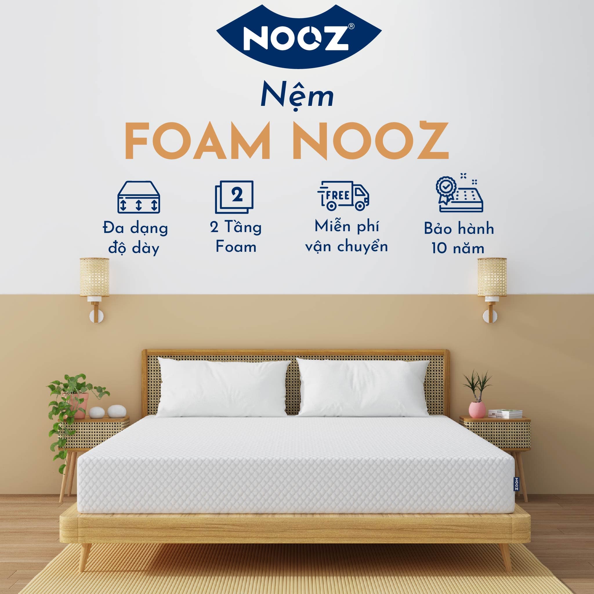 Nệm Foam NOOZ Home Goods Tiêu Chuẩn CertiPUR US Với Hai Tầng Foam Nâng Đỡ Ruột Đệm Cao Su Non Vỏ Nệm Tencel 120 x 200 10 cm