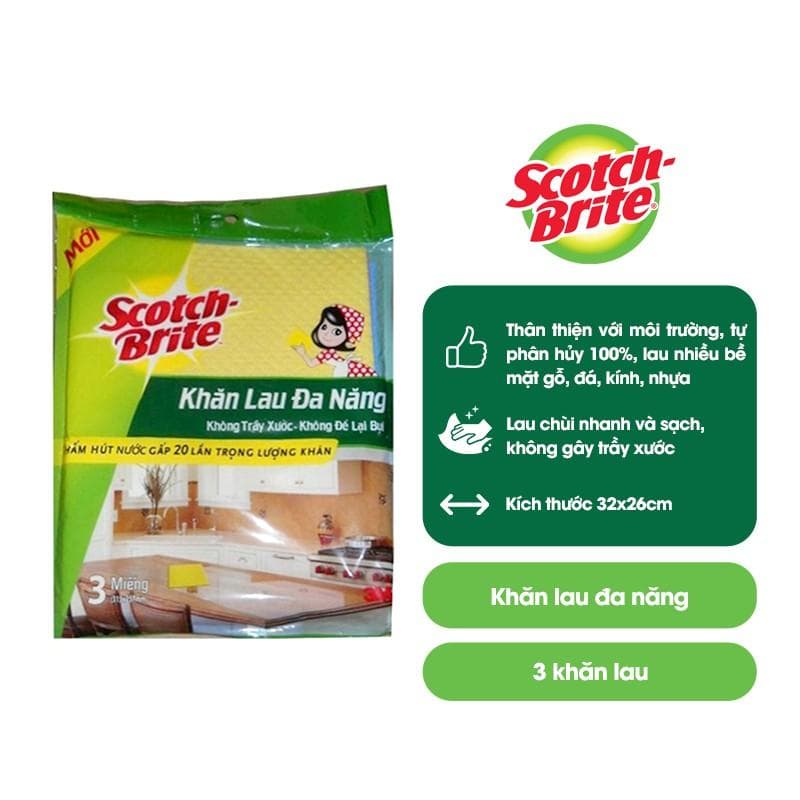 Combo 3 Khăn lau đa năng Scotch Brite 3M 32x26cm không gây trầy xước thấm hút nước gấp 20 lần độ bền cao 1 túi3 cái