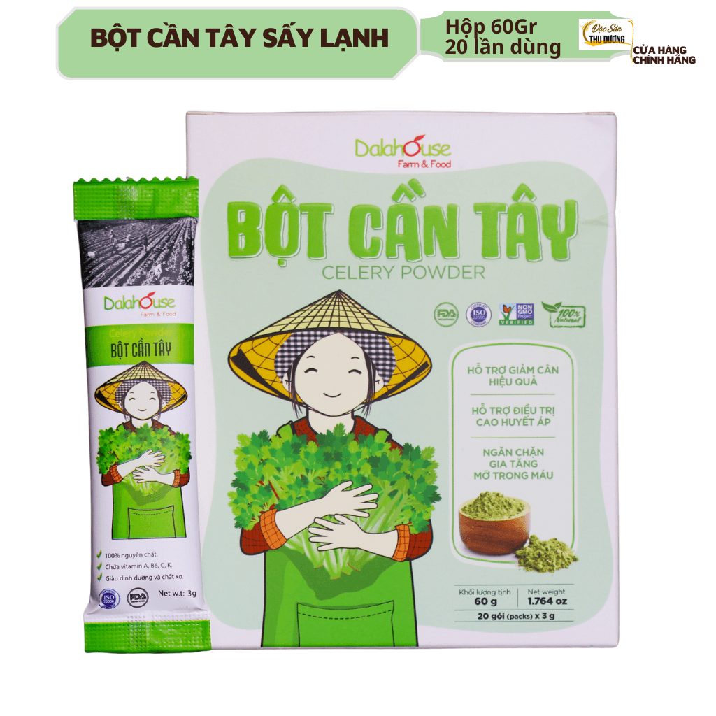 Bột cần tây hữu cơ nguyên chất sấy lạnh Dalahouse Mẫu mới 2022 Hộp Hỗ trợ giảm cân cao huyết áp ngăn chặn gia tăng mỡ trong máu 60gr