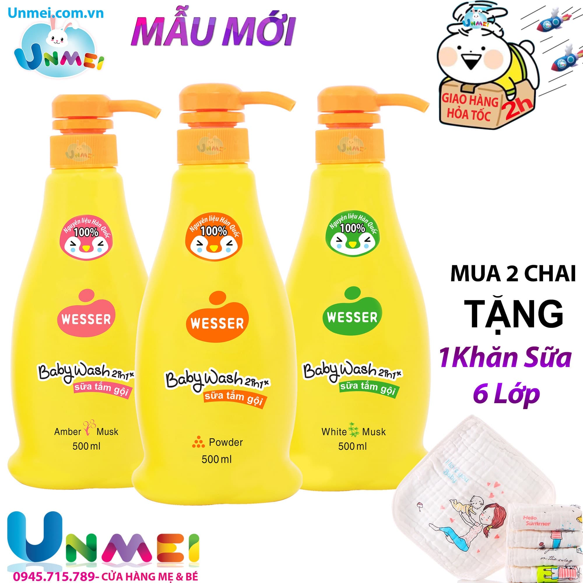 2 Chai Sữa Tắm Gội Wesser 2in1 Hàn Quốc Sữa tắm cho bé không cay mắt 2 chai x 500ml tặng 1 khăn Sữa Unmei Sợi Tre 6 Lớp Cam Cam