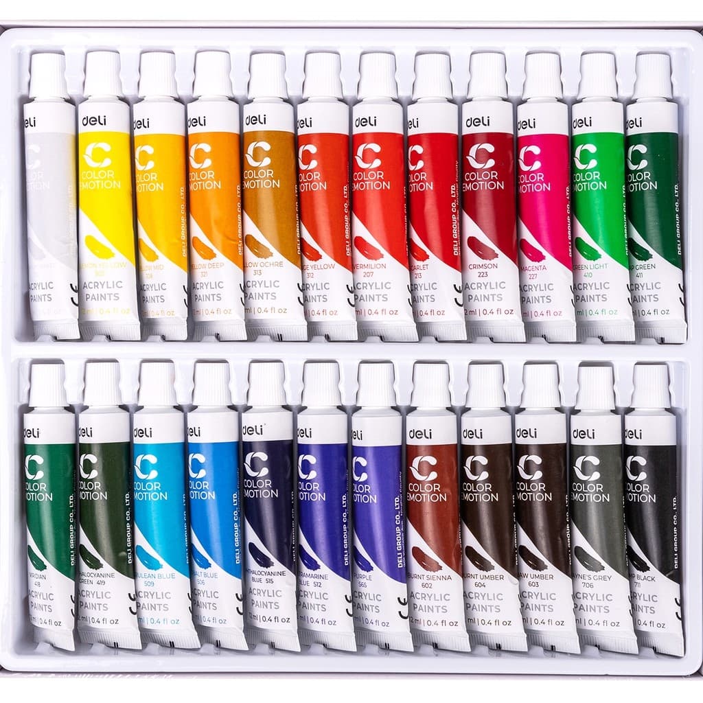 Màu nước Acrylic dạng tuýp 12ml Deli 51224 màu Tặng kèm pallete pha màu 24 Màu