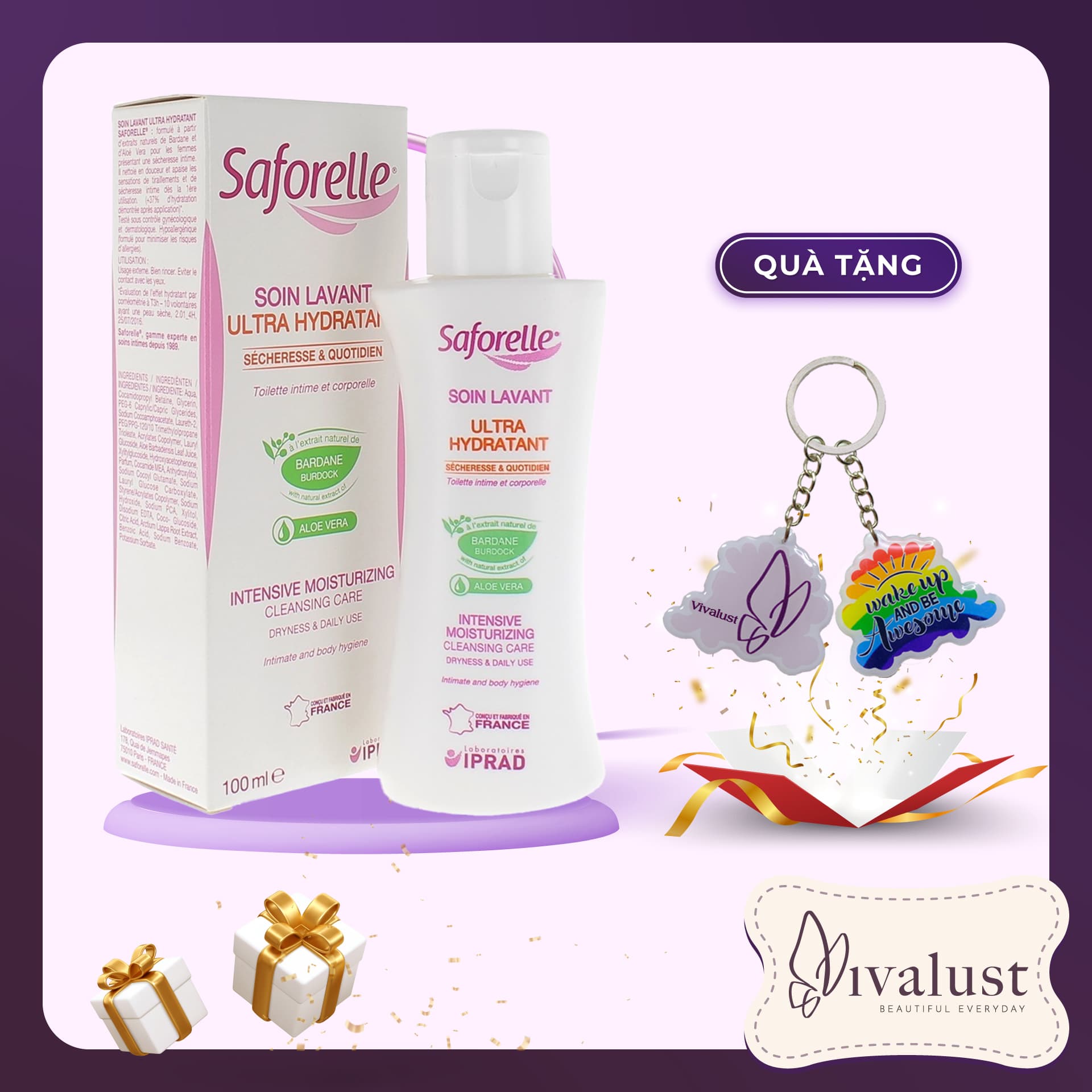Dung Dịch Vệ Sinh SAFORELLE Intensive Moisturizing Cleansing Care 100ml Chiết Xuất Aloe Vera Tăng Cường Dưỡng Ẩm Tặng Móc Khóa