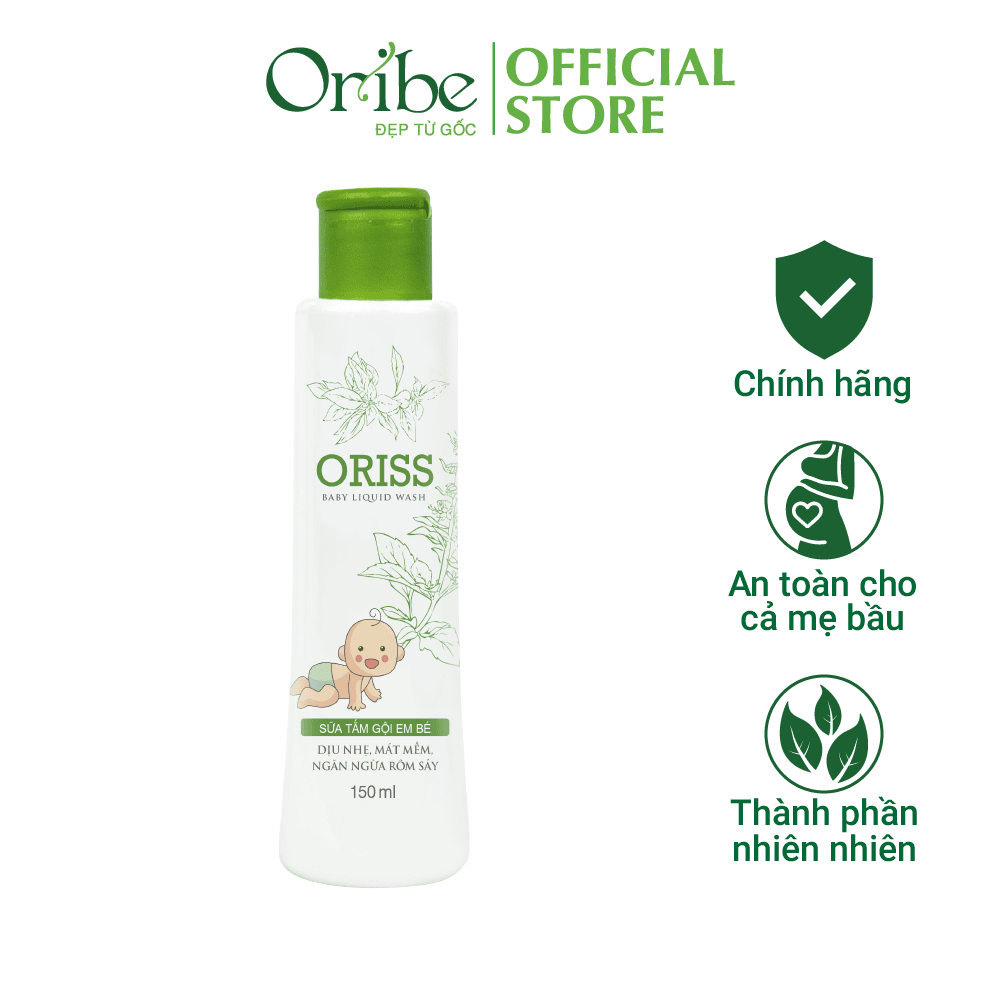 Sữa tắm gội hằng ngày cho bé dịu nhẹ không cay mắt hỗ trợ trị rôm sẩy Oriss Baby chai 150ml
