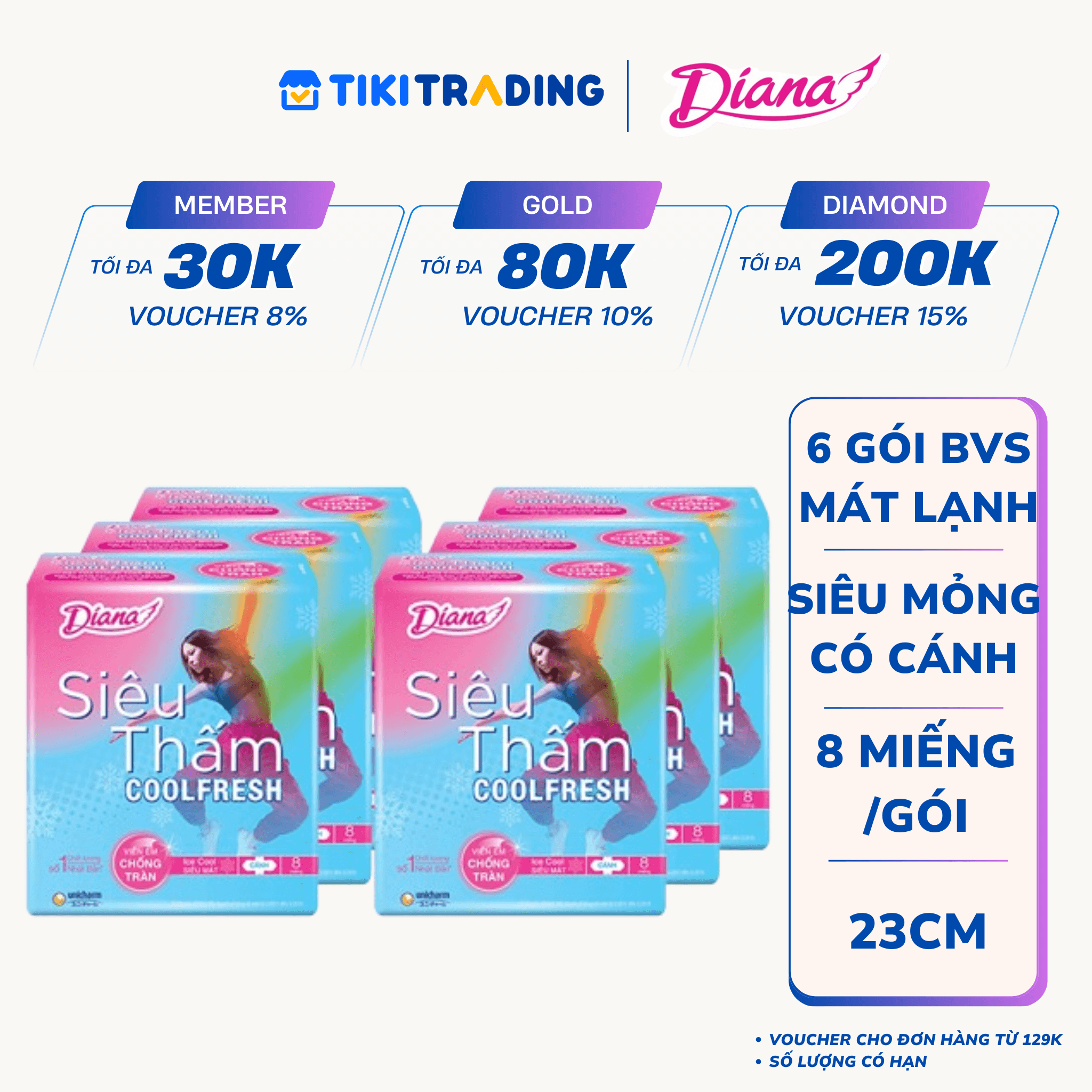 Combo 6 Băng vệ sinh Diana Siêu thấm Cool Fresh Siêu mỏng Cánh gói 8 miếng