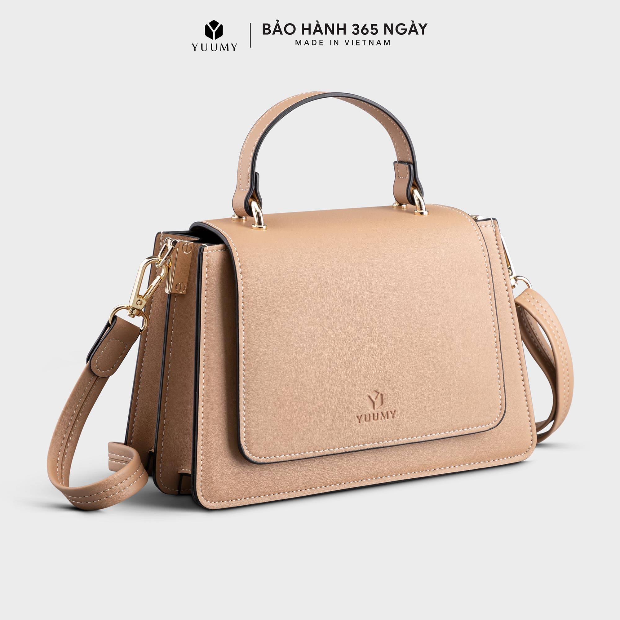 Túi Yuumy Thời trang nữ nắp gập phối quai xách size 20 Túi đeo chéo da Seasand YN128 Kem tây