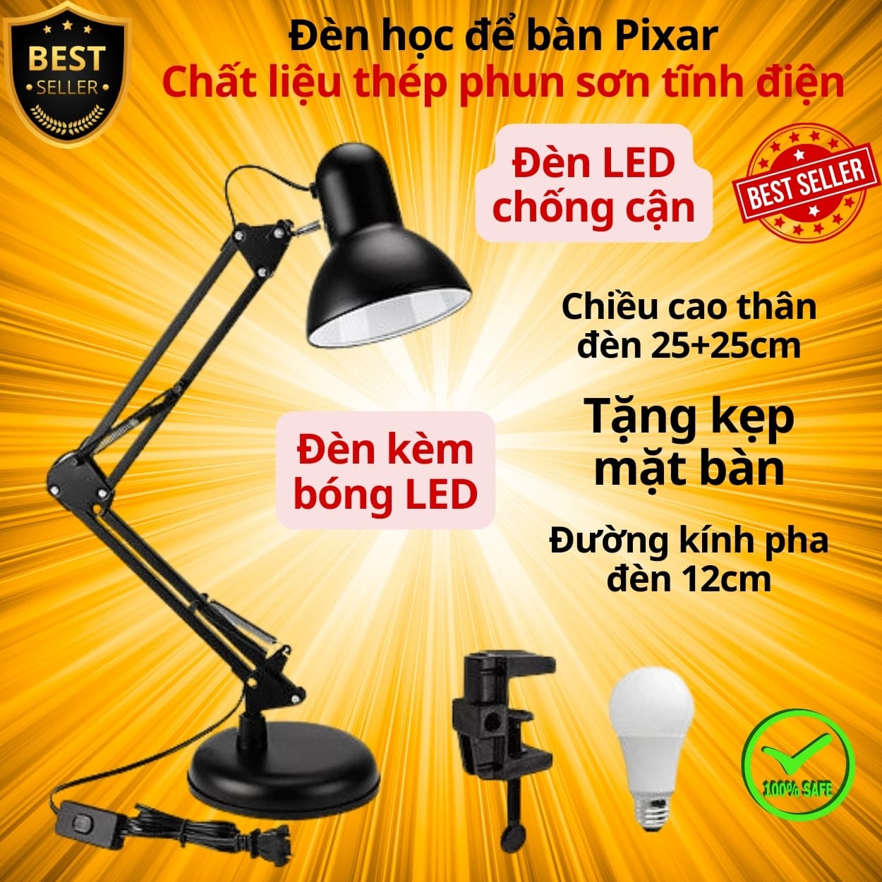 Đèn Pixar Đèn Học Chống Cận Thị Đèn Đọc Sách Đèn Làm Việc Để Bàn Chống Chói Mắt Lóa Mắt Bảo Vệ Mắt Đen Tặng Bóng Đèn