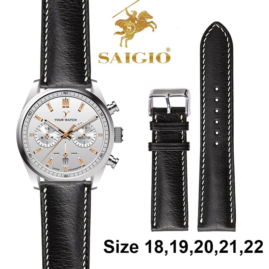 Dây Đồng Hồ Da Bò Cao Cấp Kiểu Dáng Cổ Điển Chỉ Trắng Mặt Lót Chống Thấm Mồ Hôi Tích Hợp Lớp Gia Cố Chống Giãn Đặc Biệt Phụ Kiện Khóa và Chốt Bằng Thép Không Gỉ 316L SAIGIO Đen Khóa Bạc 20 18mm