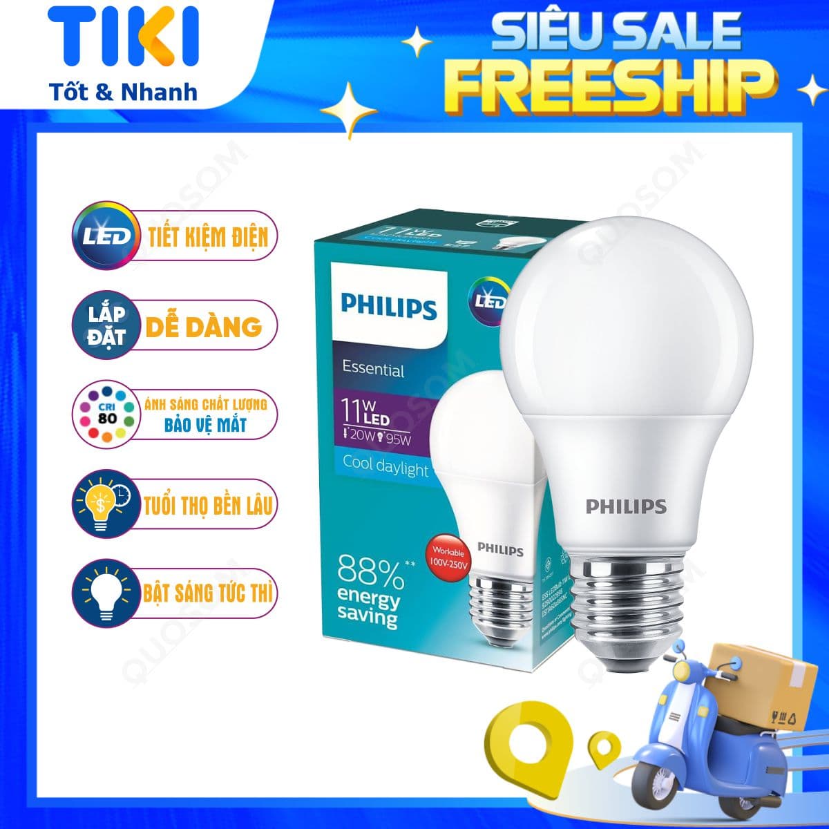 Bóng đèn LED Bulb PHILIPS Essential E27 Tiết kiệm điện Ánh sáng chất lượng cao 11W Ánh sáng trắng 6500K