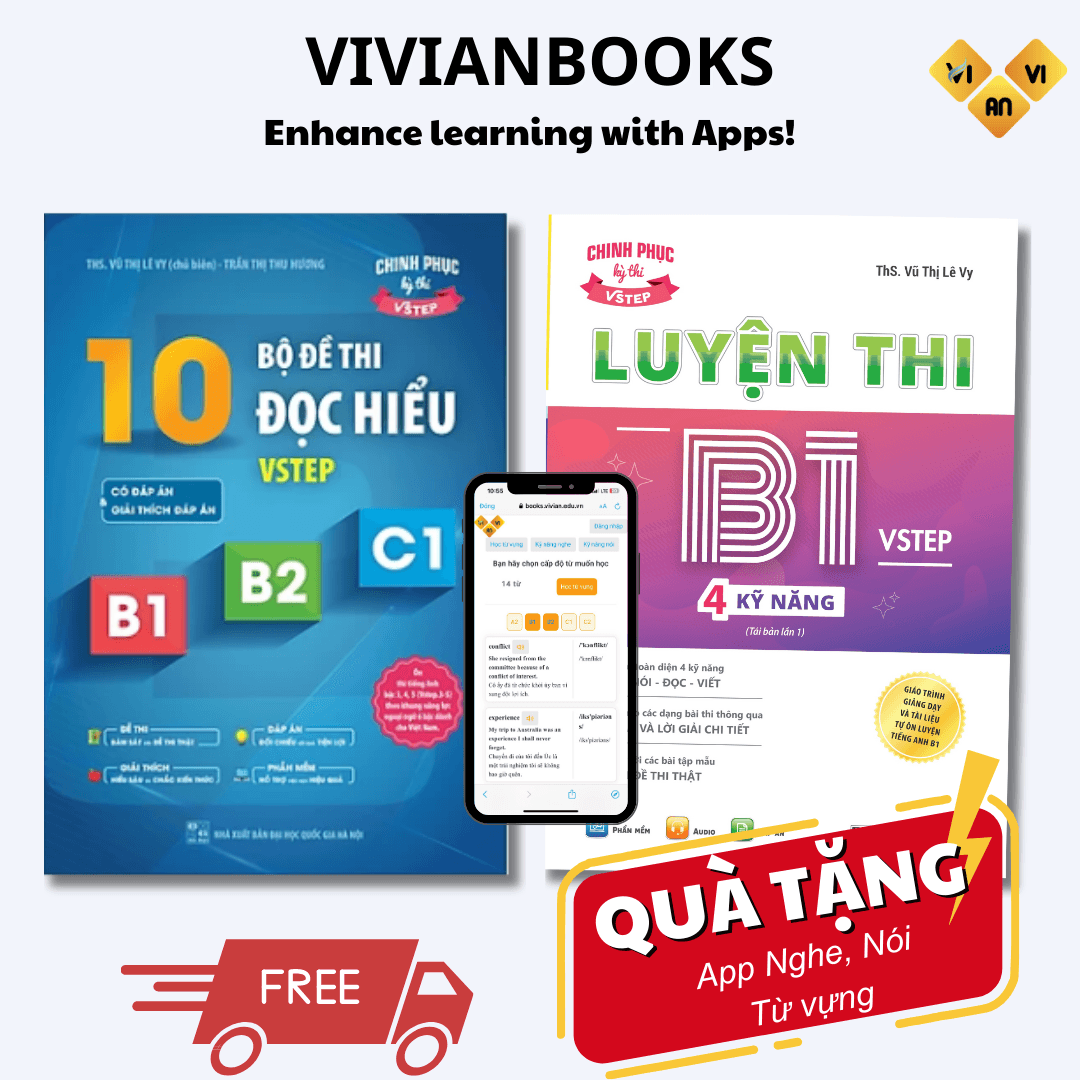 Combo Sách luyện thi B1 Vstep 4 kỹ năng và Sách 10 bộ đề thi Đọc hiểu Vstep reading B1 B2 C1 Vstep practice test ôn thi chứng chỉ ngoại ngữ bậc 3 4 5