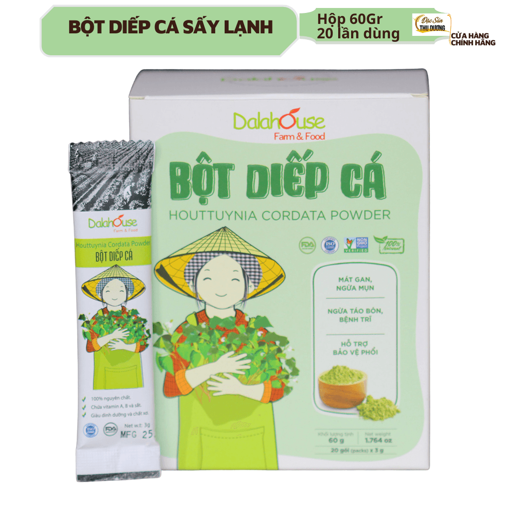 Bột Diếp Cá hữu cơ nguyên chất sấy lạnh Dalahouse Hộp 20 gói nhỏ 3gr định lượng sẵn cho 1 lần sử dụng Mát Gan ngừa mụn ngừa trĩ và táo bón. Hỗ trợ bảo vệ Phổi