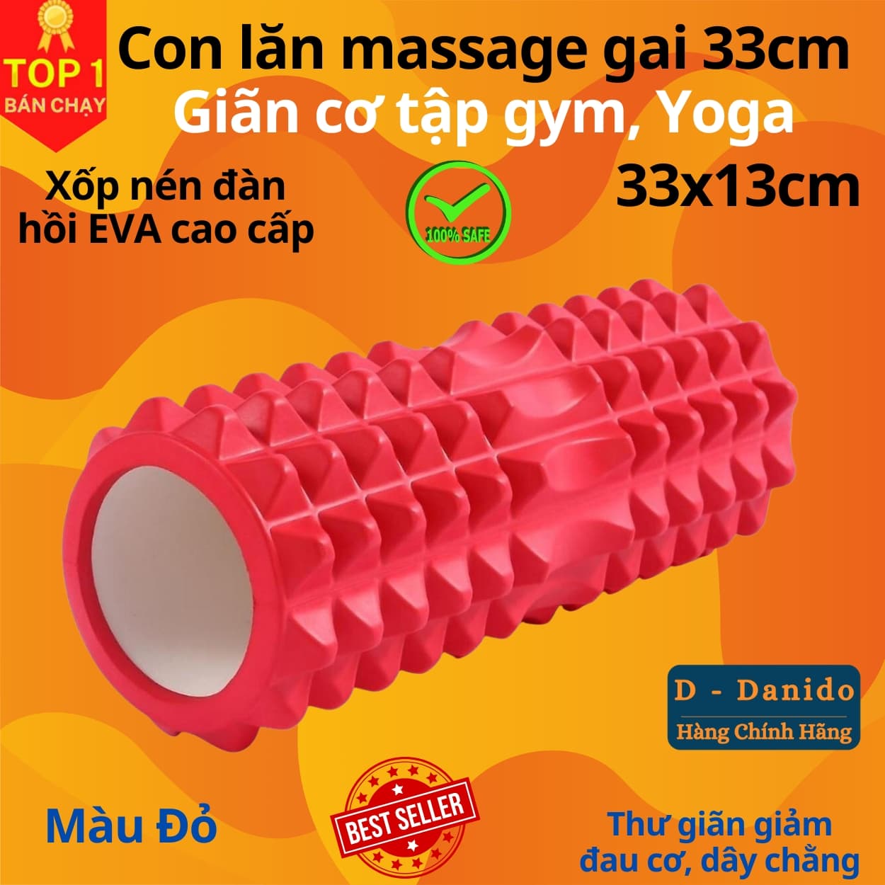Con Lăn Foam Roller Massage Gai 33cm Ống Lăn Dãn Cơ Tập Gym Yoga Thể Hình miDoctor Đỏ