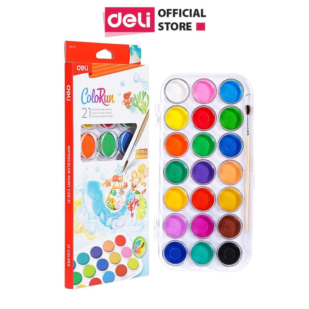 Màu Nước Dạng Nén Deli 8 12 21 Màu Phiên Bản Mới Water Color Kèm Cọ Vẽ Chuyên Nghiệp 21 màu