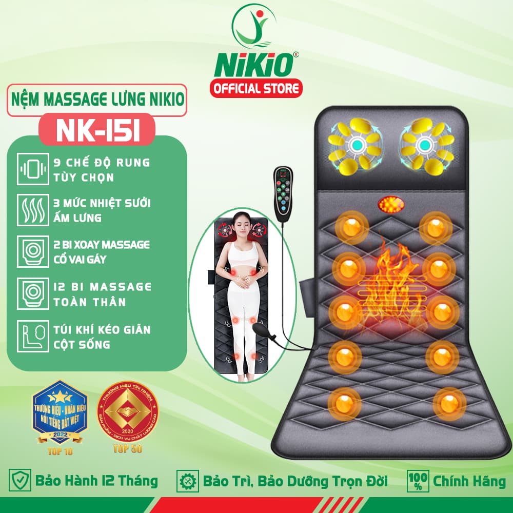 Nệm Đệm Massage Toàn Thân Nikio NK 151 Con Lăn Xoa Bóp Cổ Vai Gáy 10 Động Cơ Matxa Rung Toàn Thân Kết Hợp Nhiệt Sưởi Và Túi Khí Nâng Đỡ Cột Sống Hỗ Trợ Điều Trị Đau Nhức Lưng