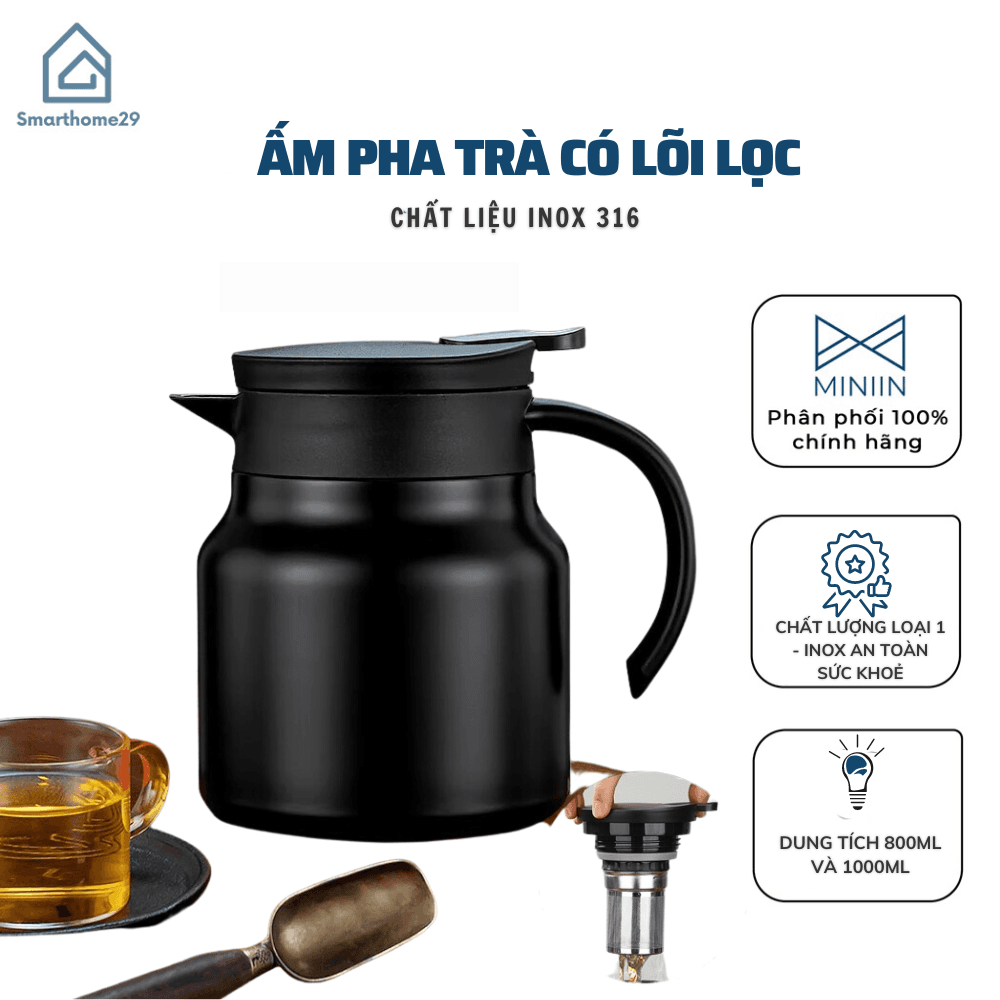 Ấm Pha Trà Giữ Nhiệt Inox 316 Dung Tích 800ml 1000ml Hàng Cao Cấp Phích Giữ Nhiệt Nước Nóng Lạnh Có Lọc Tiện Dụng MINIIN 1000ml