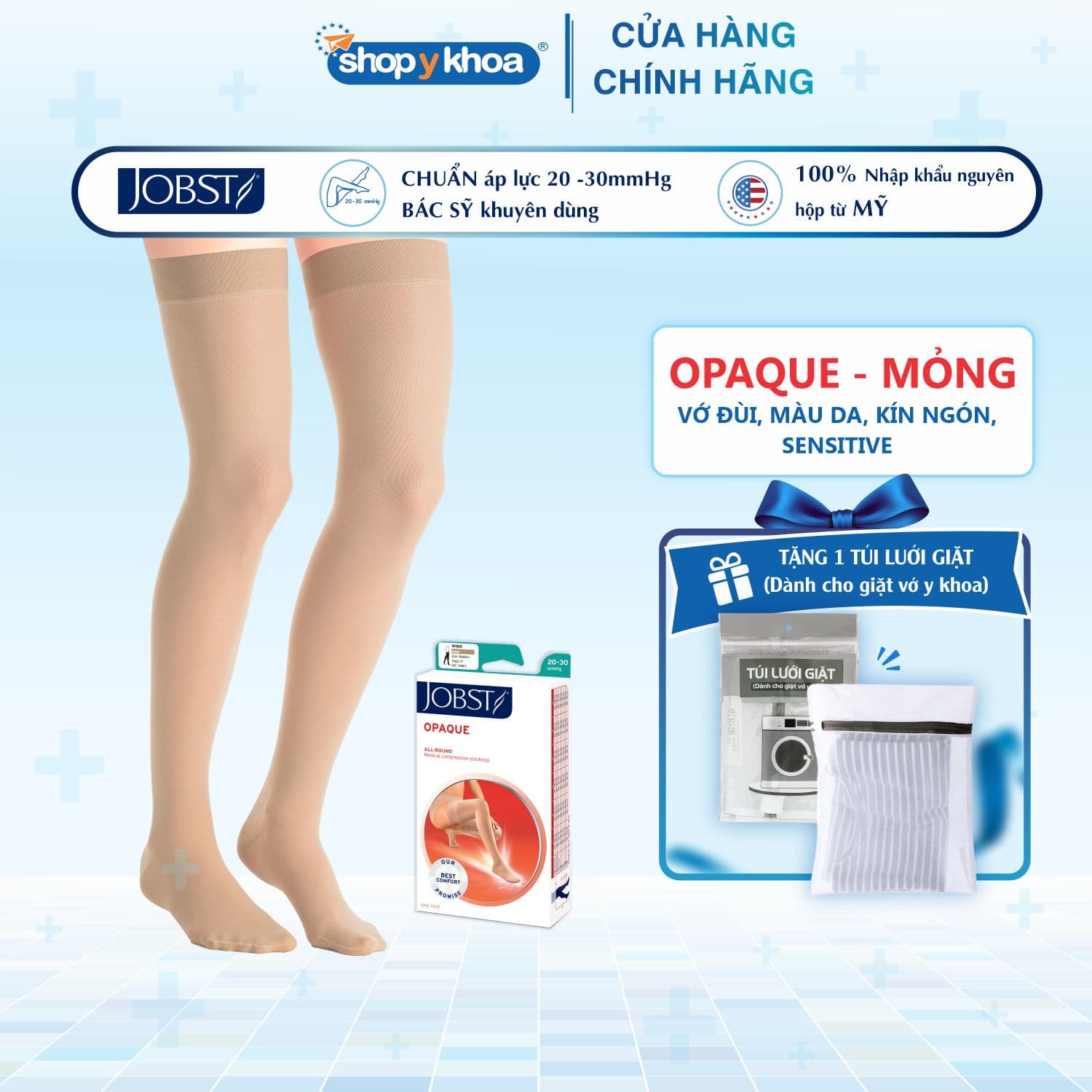 Vớ Y Khoa JOBST Opaque Sensitive Da nhạy cảm Vớ Đùi Màu Da Kín Ngón Áp Lực 20 30mmHg 2 chiếc Tất Y Khoa XL Da Kín ngón