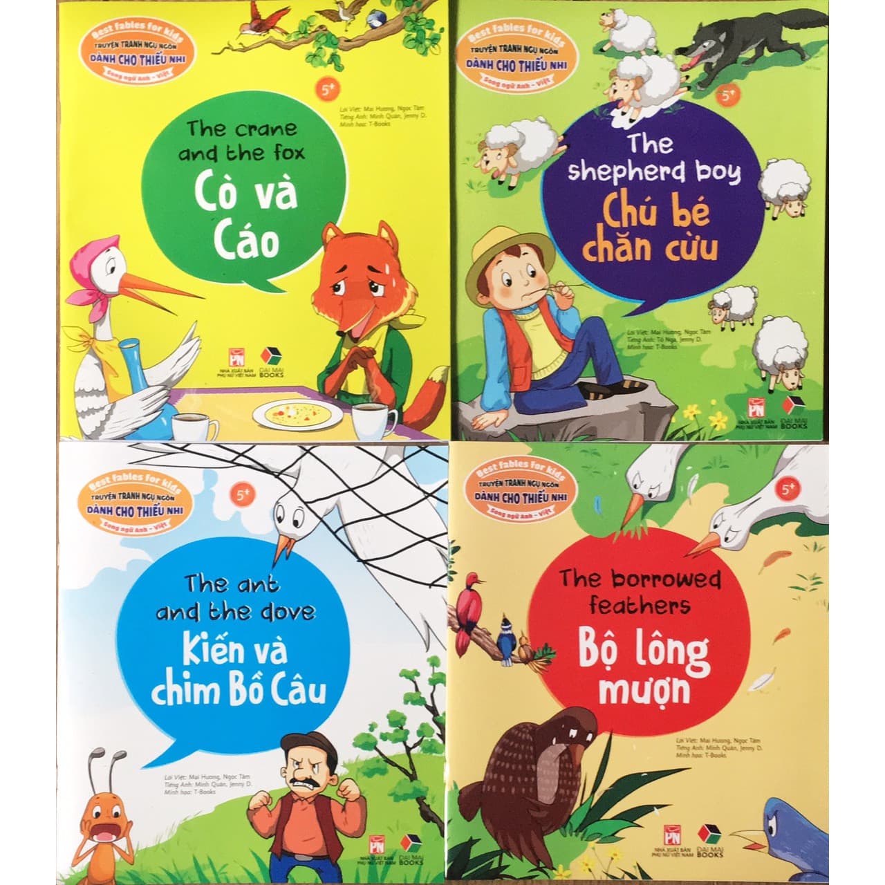 Combo 4 quyển Truyện tranh ngụ ngôn dành cho thiếu nhi Song Ngữ Anh Việt cò và cáo chú bé chăn cừu kiến và chim bồ câu bộ lông mượn