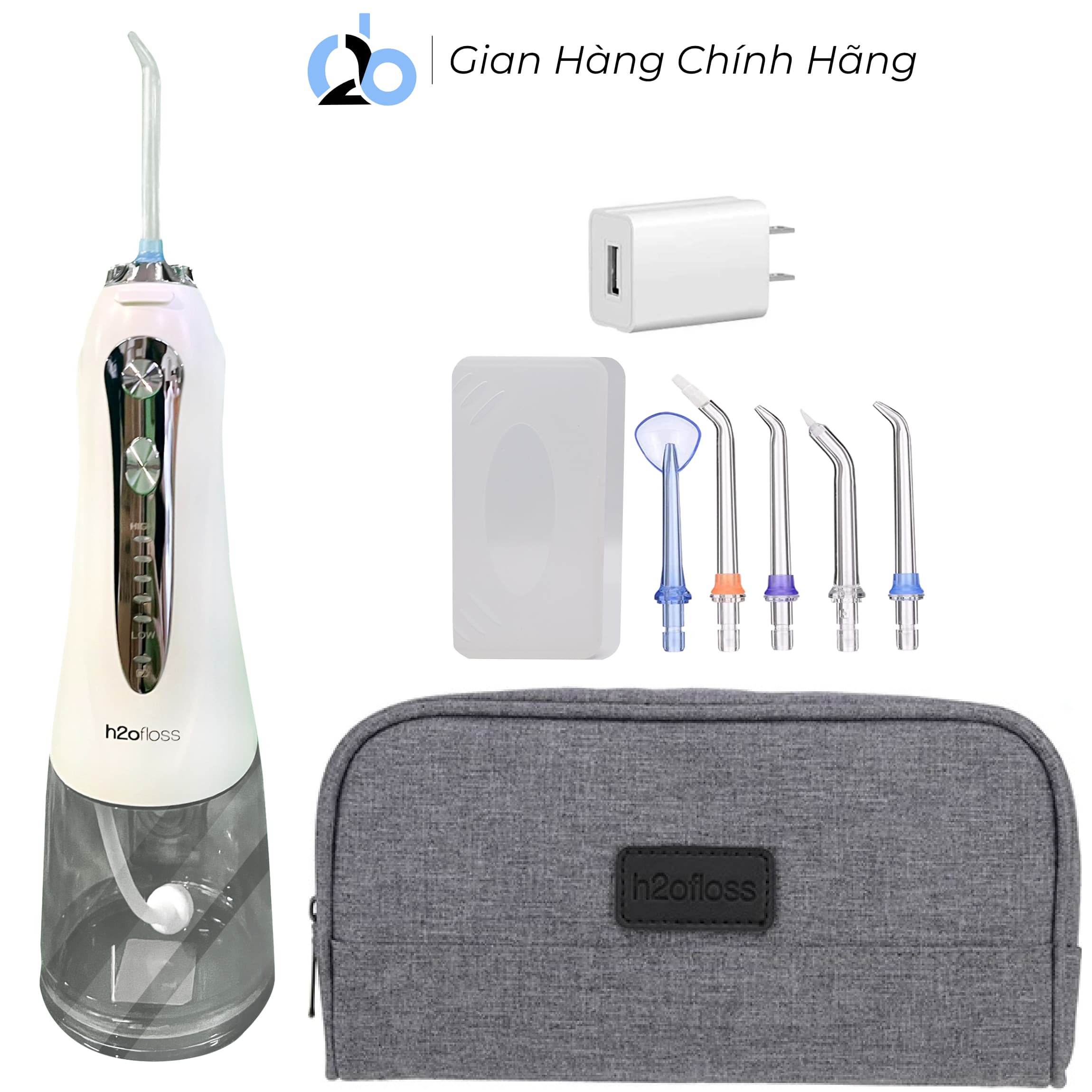 Tăm nước cầm tay H2ofloss HF 2 phiên bản nâng cấp được phân phối độc quyền với nút mở bình nước tiện lợi tặng kèm 7 đầu tăm củ sạc nguồn thấp Hf9p trắng