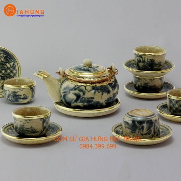 Bộ ấm chén Nhật men rạn bọc đồng gốm sứ Bát Tràng bộ bình uống trà bình trà