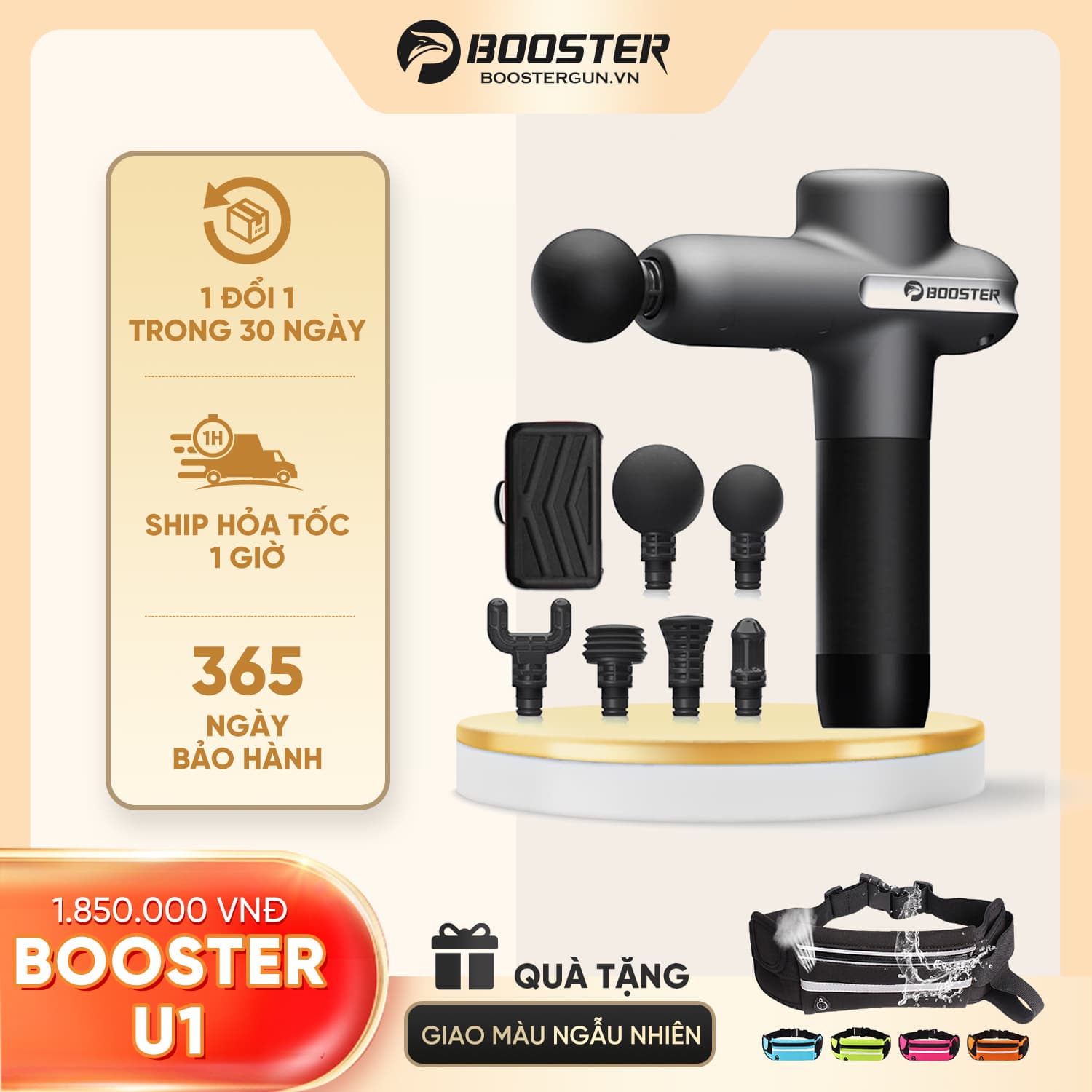 Máy Massage BOOSTER U1 thế hệ mới Máy massage gun giảm đau mỏi toàn thân 8 Cấp độ 6 Đầu Massage chuyên sâu Công Suất 125W Màu đen