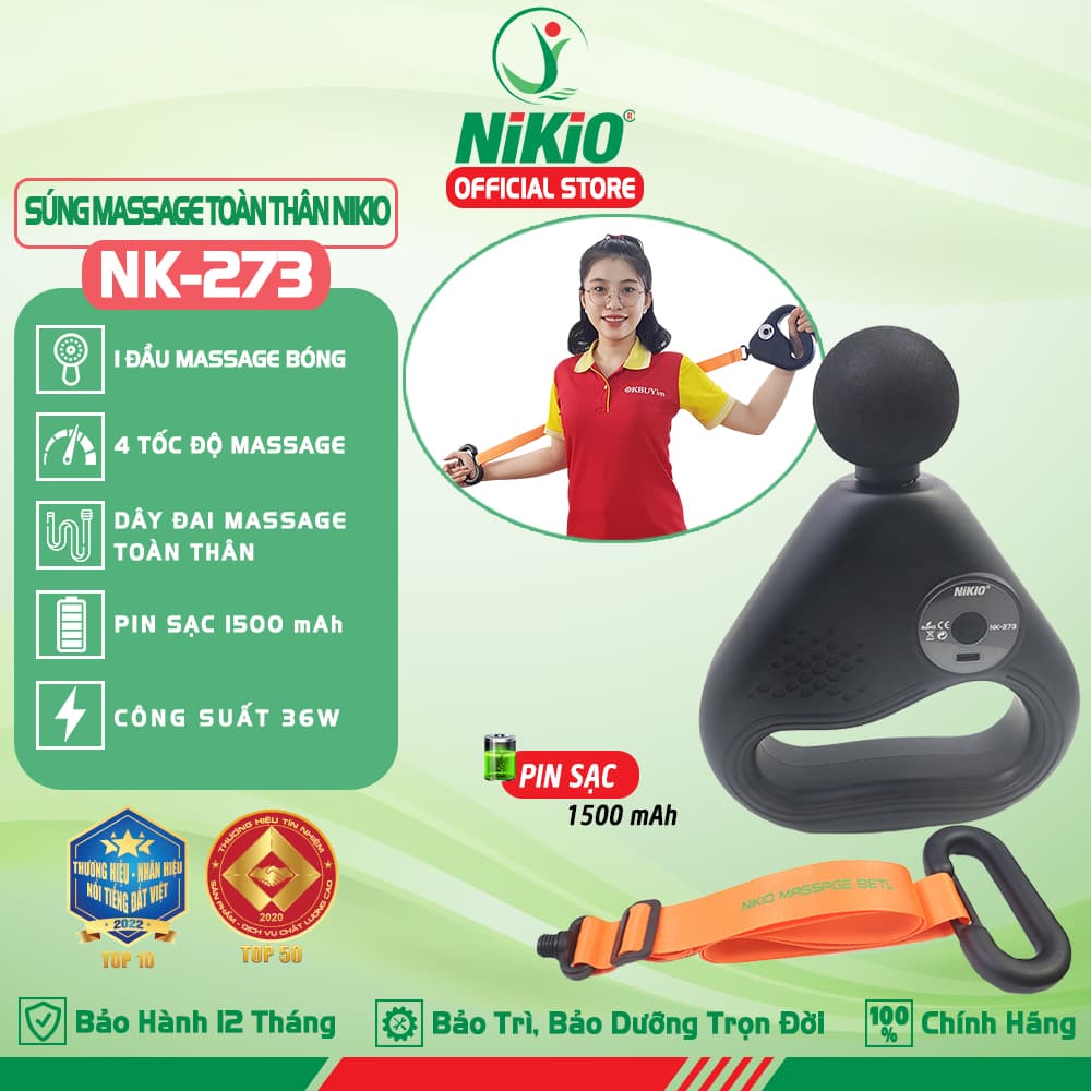Súng Máy Massage Cầm Tay Nikio NK 273 Hỗ Trợ Mát Xa Giãn Cơ Chuyên Sâu Thư Giãn Giảm Đau Giảm Căng Cứng Cơ Bắp Đầu Massage Tròn Dây Đai Matxa